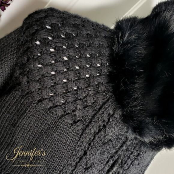 Essentiel Antwerp Black Wool Cable Knit Faux Mink Trimmed Cardigan - Picture 5 of 13